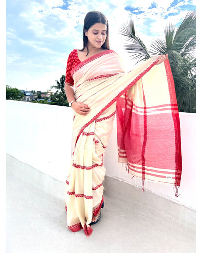 Soft and Comfortable Cream white Khadi cotton saree with Red border and patterns 