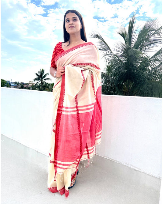 Soft and Comfortable Cream white Khadi cotton saree with Red border and patterns 