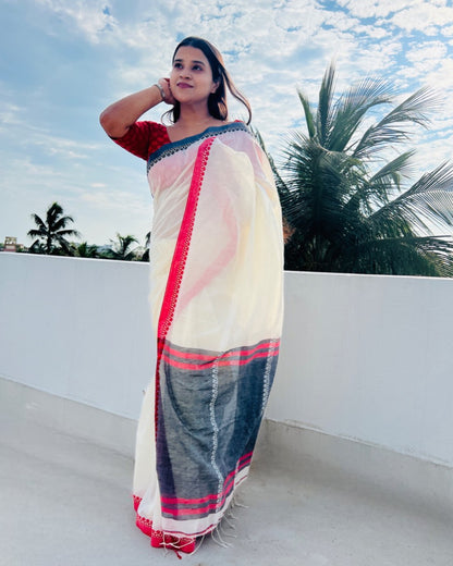 Soft and comfortable white khadi cotton saree with black and red Ganga Jamuna border