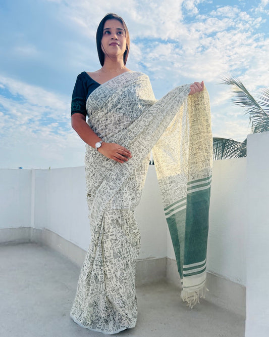 Off white soft and comfortable khadi cotton saree printed in green itsy bitsy patterns