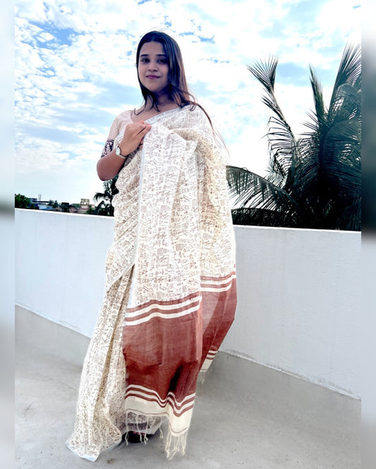 Off white soft and comfortable khadi cotton saree printed in brown itsy bitsy patterns