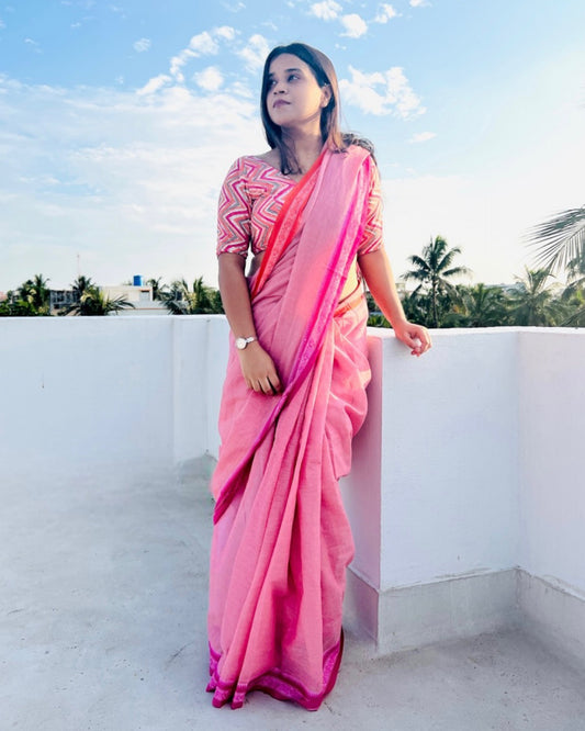 Soft and Comfortable Pink Cotton Saree with Orange and Pink Ganga Jamuna Begumpuri border and Dhaniakhali Aanchal