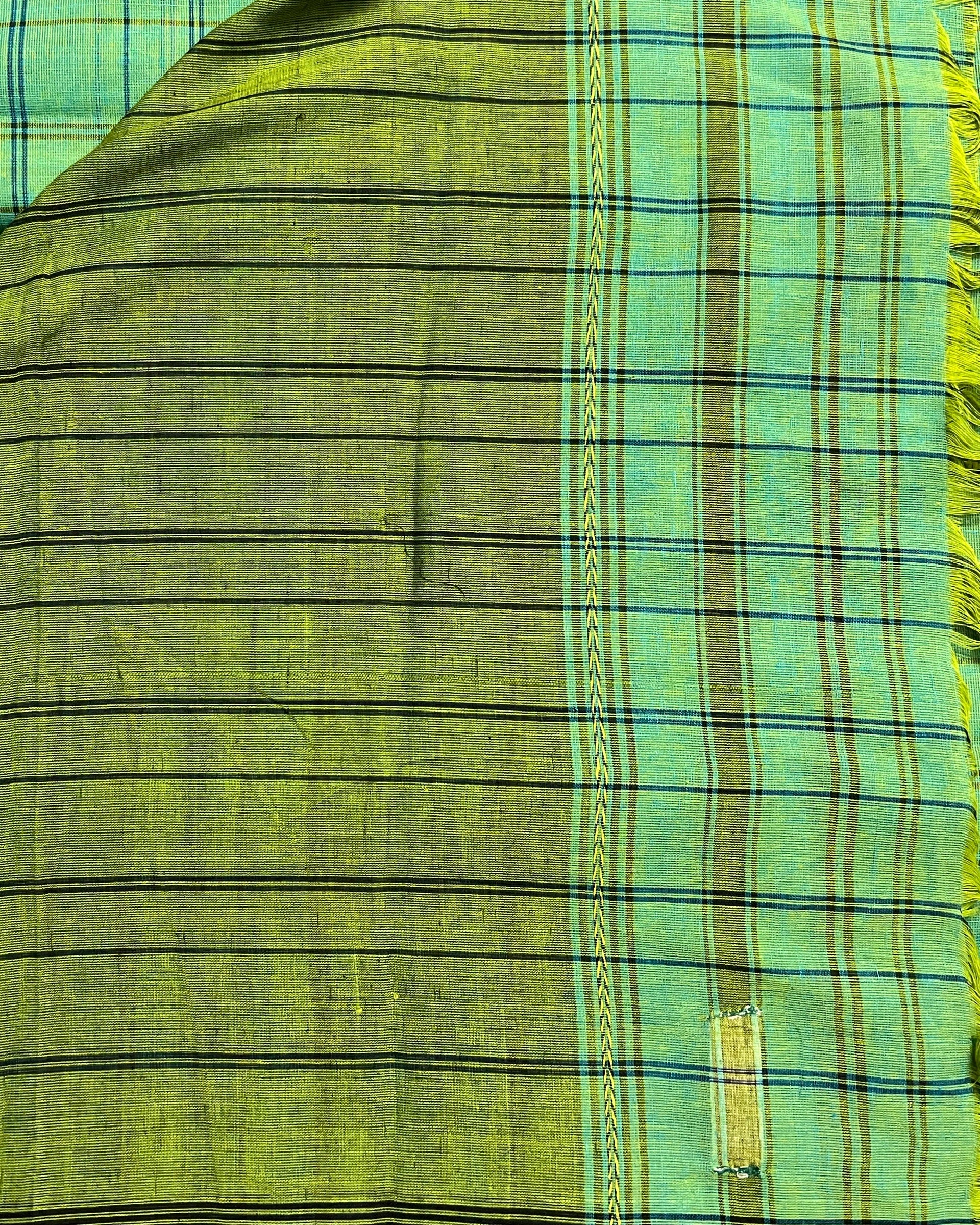 Soft and comfortable cotton handloom saree in Green and blue with Dhaniakhali Aanchal and checks