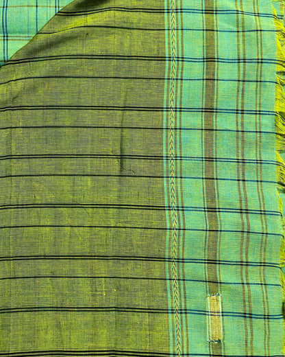 Soft and comfortable cotton handloom saree in Green and blue with Dhaniakhali Aanchal and checks