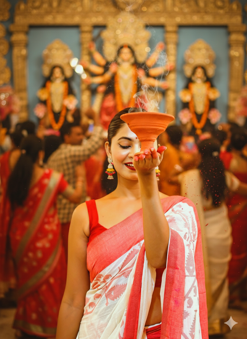 Laal Sada Durga Pujo Saree, Lal Paar Sada , Jamdani cotton saree, Red, White