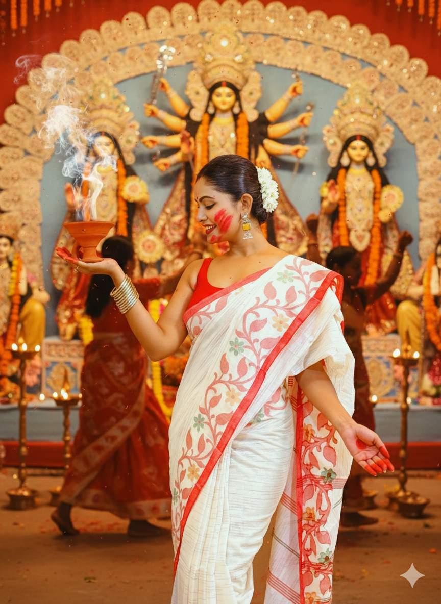 Laal Sada Durga Pujo Saree, Lal Paar Sada , Jamdani cotton saree, Red, White