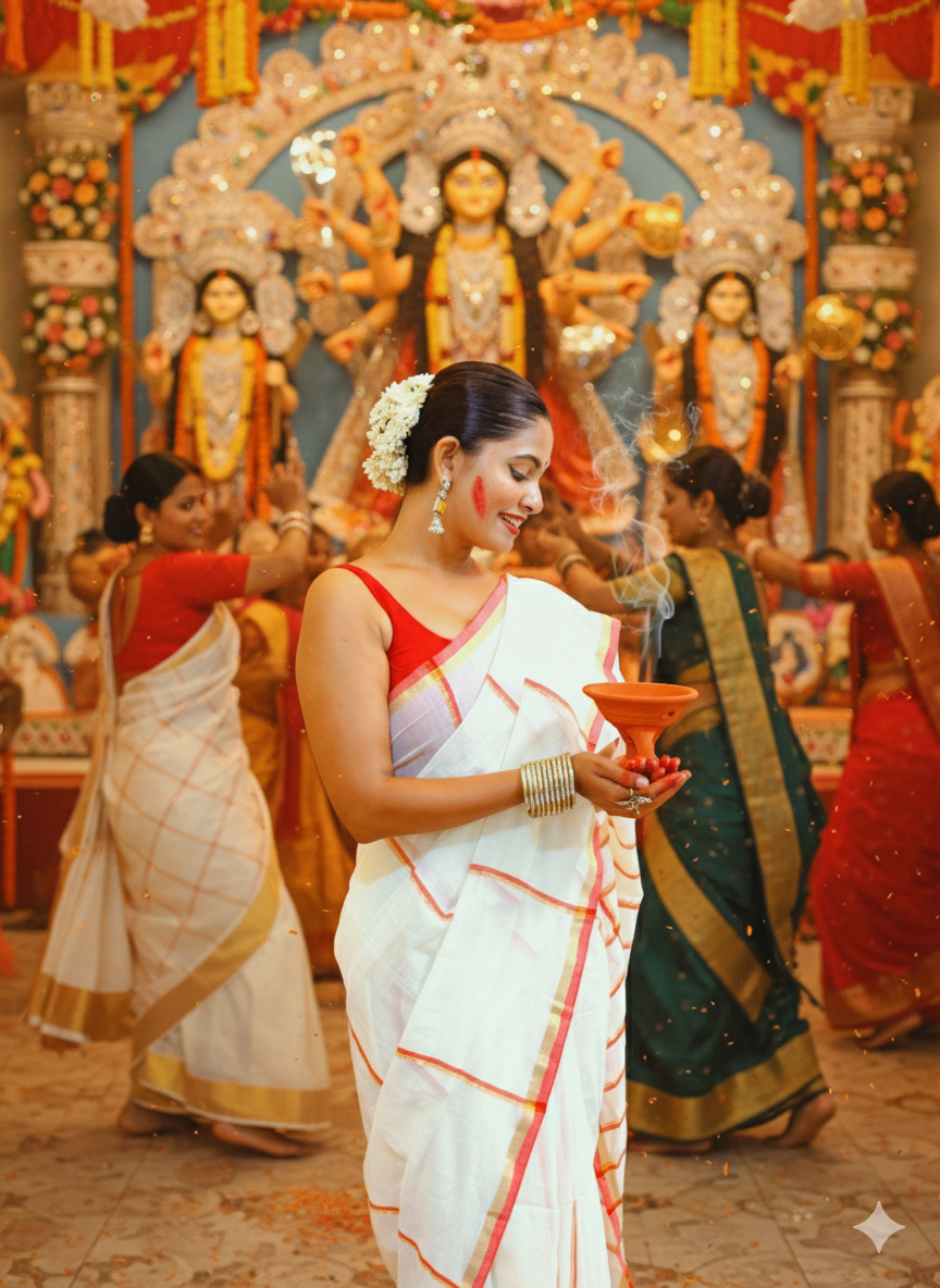 Laal Sada Durga Pujo Saree, Lal Paar Sada , Jamdani cotton saree, Red, White