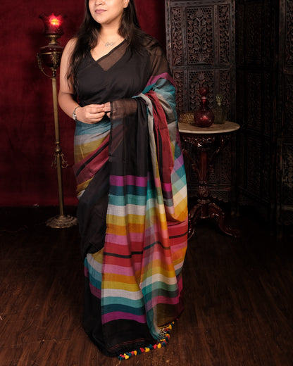 Black and multicolored Mercerised cotton designer saree for summer festivities