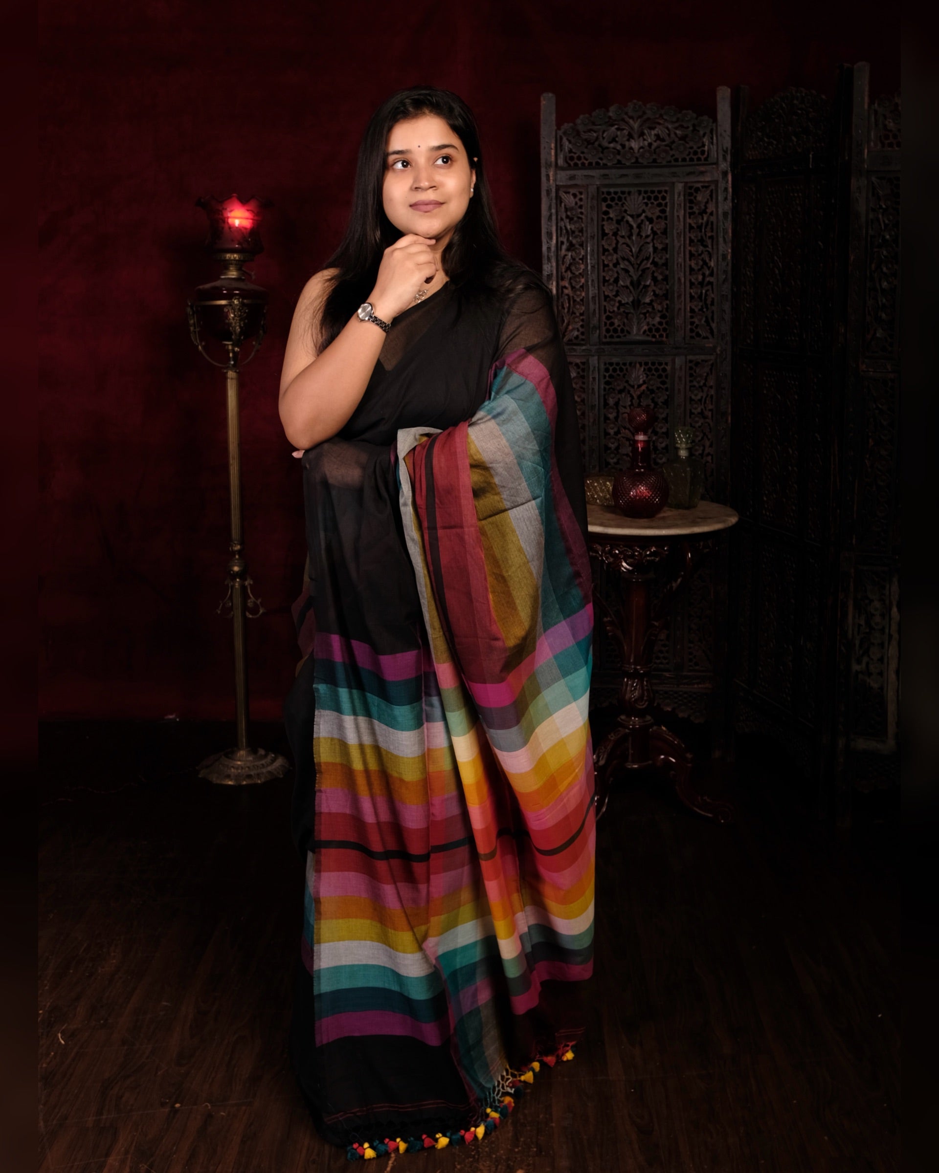 Black and multicolored Mercerised cotton designer saree for summer festivities