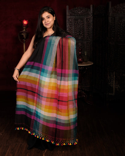 Black and multicolored Mercerised cotton designer saree for summer festivities