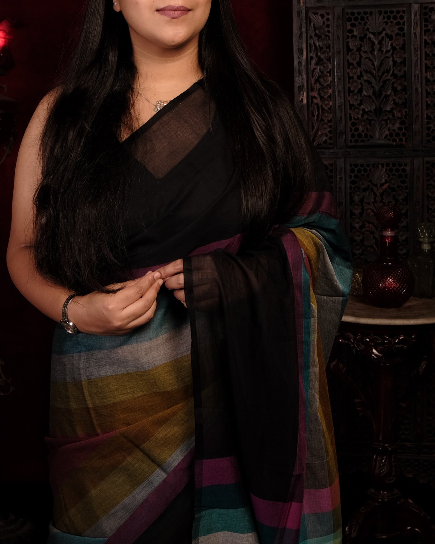 Black and multicolored Mercerised cotton designer saree for summer festivities