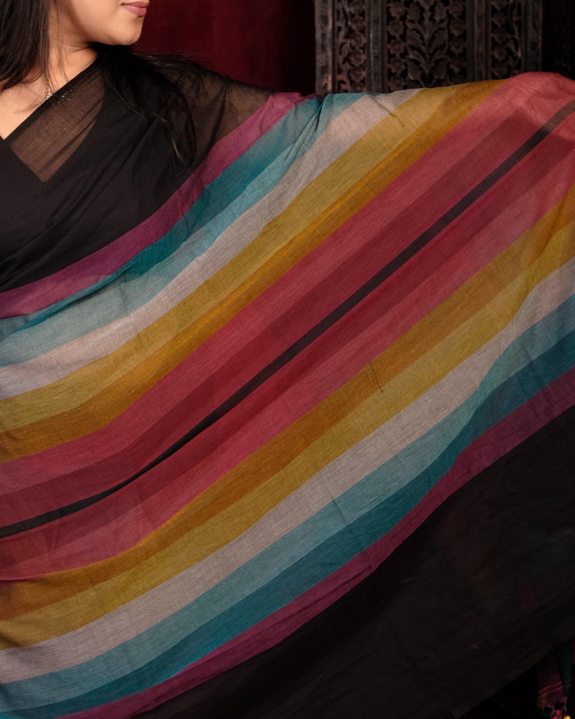 Black and multicolored Mercerised cotton designer saree for summer festivities