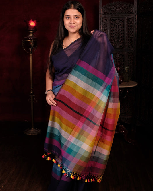 Blue and multicolored Mercerised cotton designer saree for summer festivities