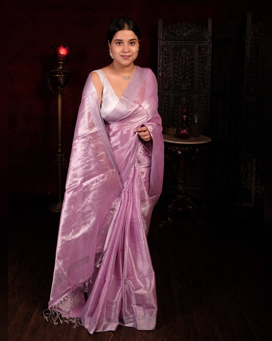 Pink Viral mulmul cotton tissue saree for festivities with silver border