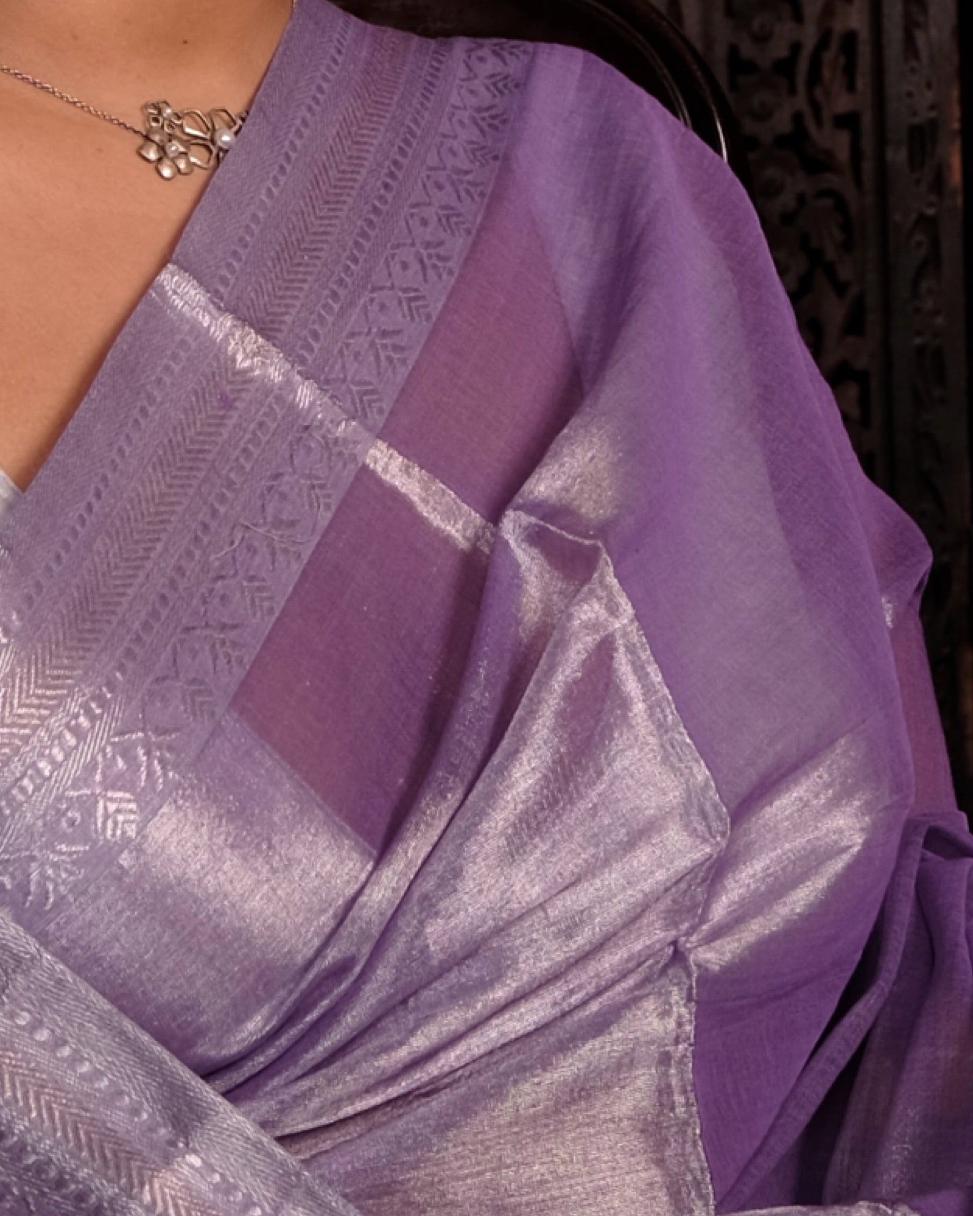 Lavender / Purple / Violet Viral mulmul cotton tissue designer saree for festivities with silver zari border