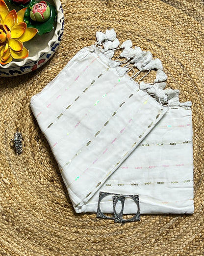 Soft and Comfortable mulmul cotton saree in white shade with sequin emblishment for festive or party wear at reasonable price