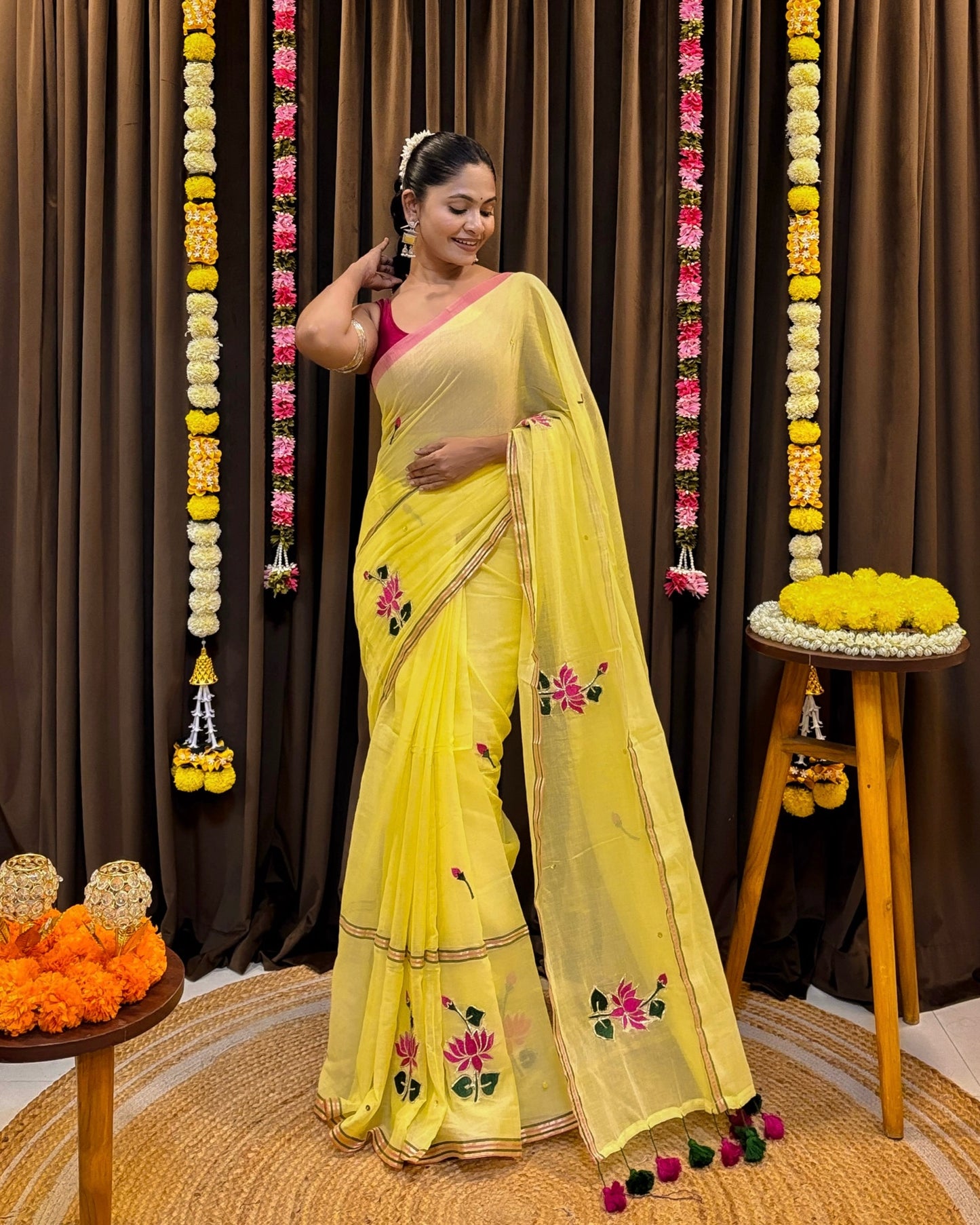 Soft and comfortable embroidered mulmul cotton saree in yellow for day festivities or casual outing