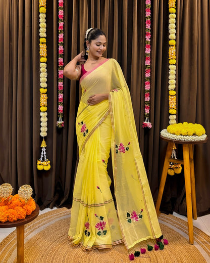 Soft and comfortable embroidered mulmul cotton saree in yellow for day festivities or casual outing