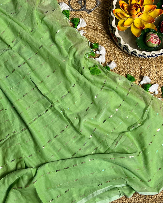 Soft and Comfortable mulmul cotton saree in green shade with sequin emblishment for festive or party wear at reasonable price