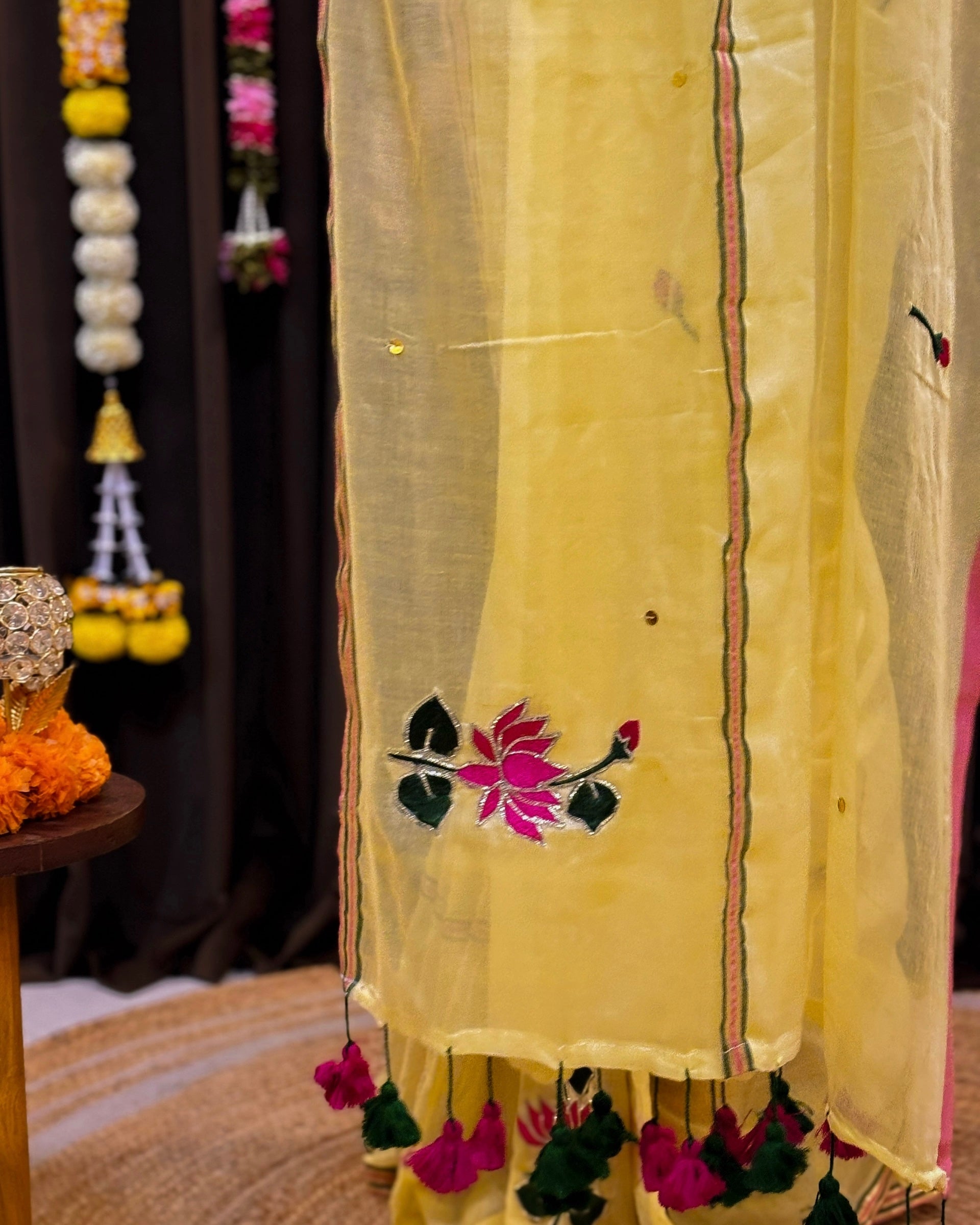 Soft and comfortable embroidered mulmul cotton saree in yellow for day festivities or casual outing
