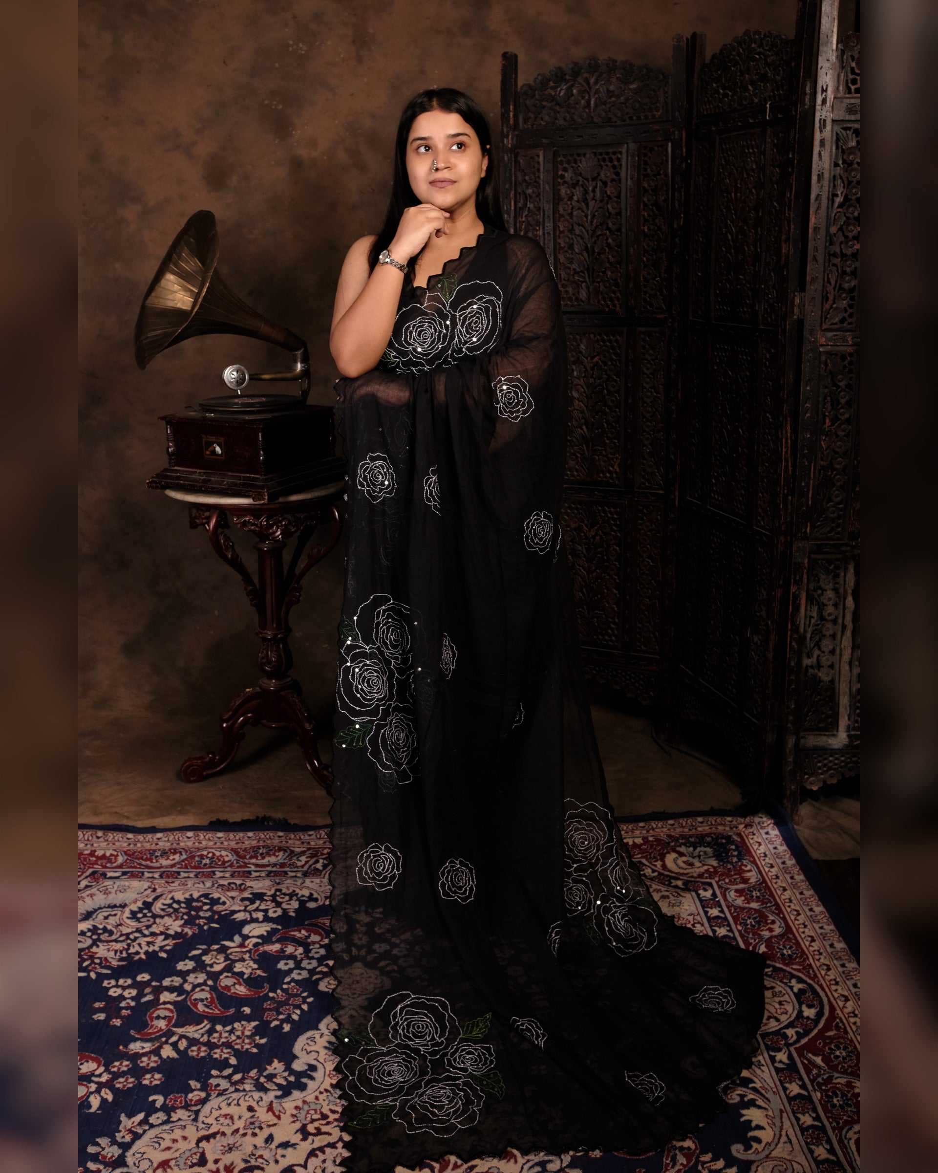 Soft and comfortable light weight black mulmul cotton saree with rose embroidery sequins embellished good for day time wear festive party wear