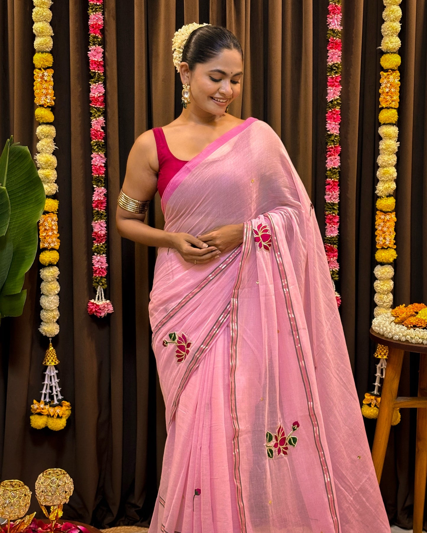 Soft and comfortable embroidered mulmul cotton saree in pink for day festivities or casual outing