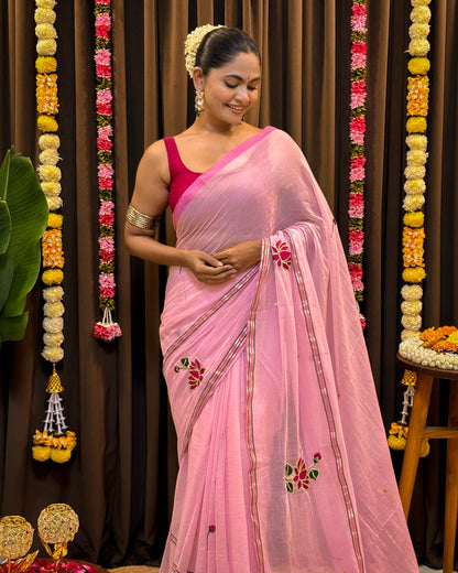 Soft and comfortable embroidered mulmul cotton saree in pink for day festivities or casual outing