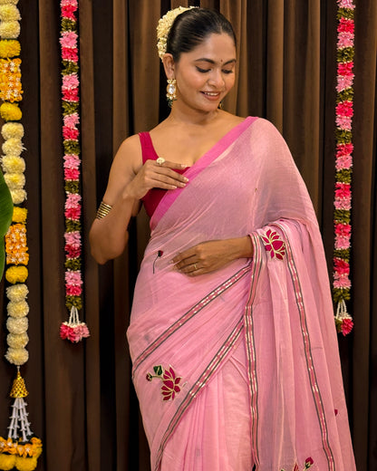 Soft and comfortable embroidered mulmul cotton saree in pink for day festivities or casual outing
