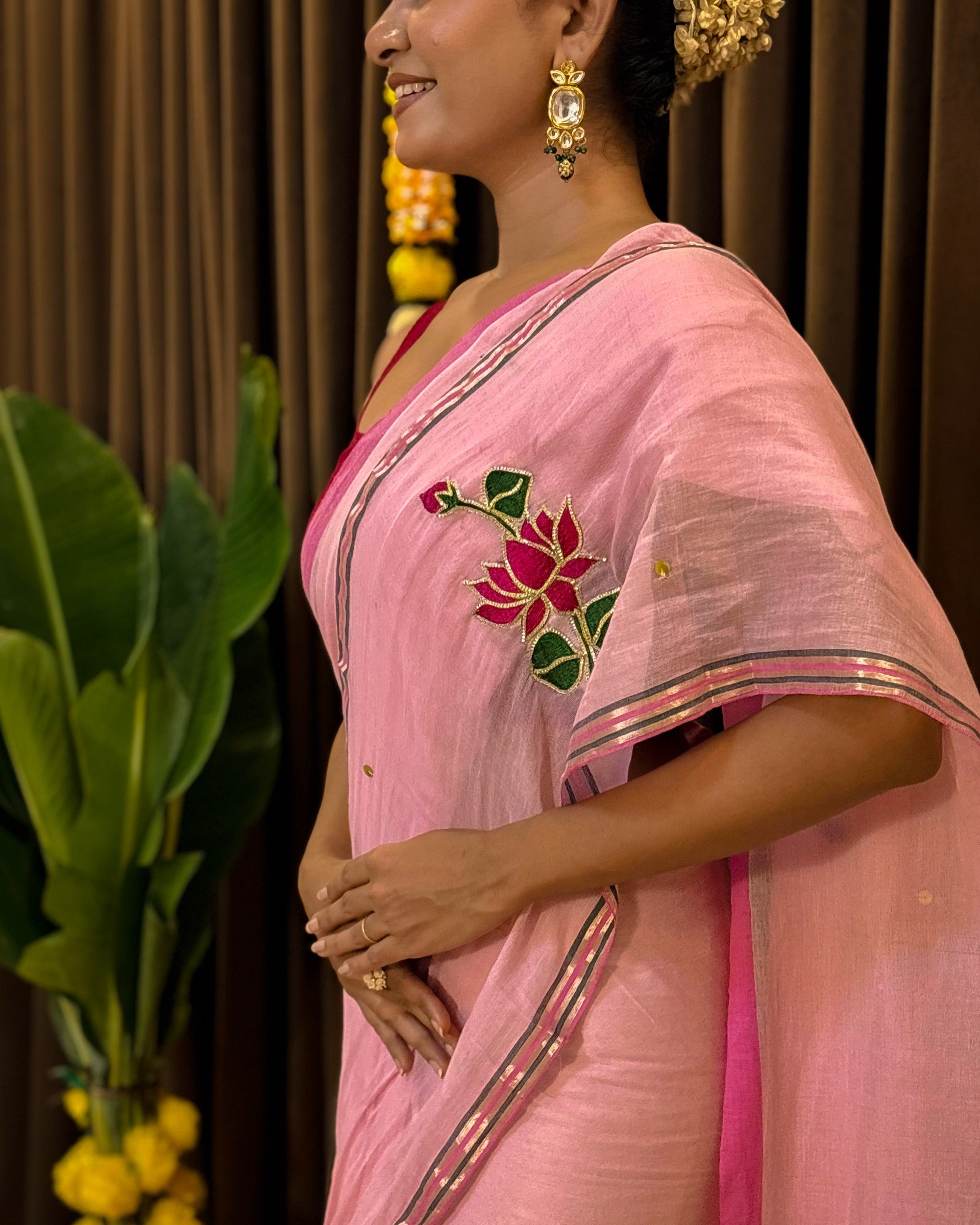 Soft and comfortable embroidered mulmul cotton saree in pink for day festivities or casual outing