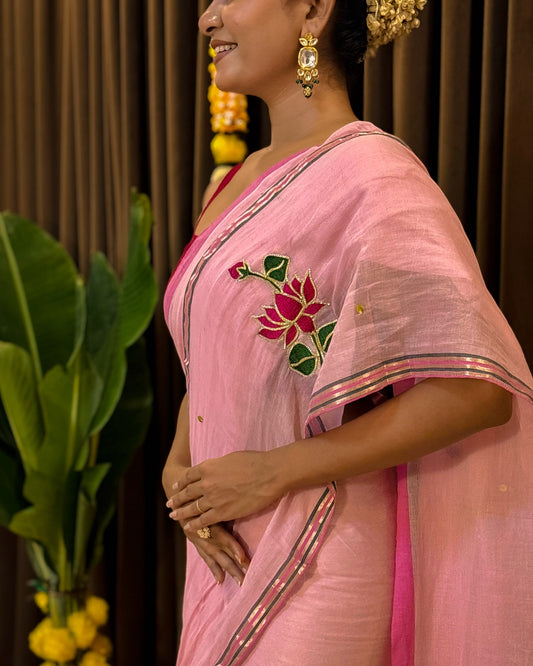 Soft and comfortable embroidered mulmul cotton saree in pink for day festivities or casual outing