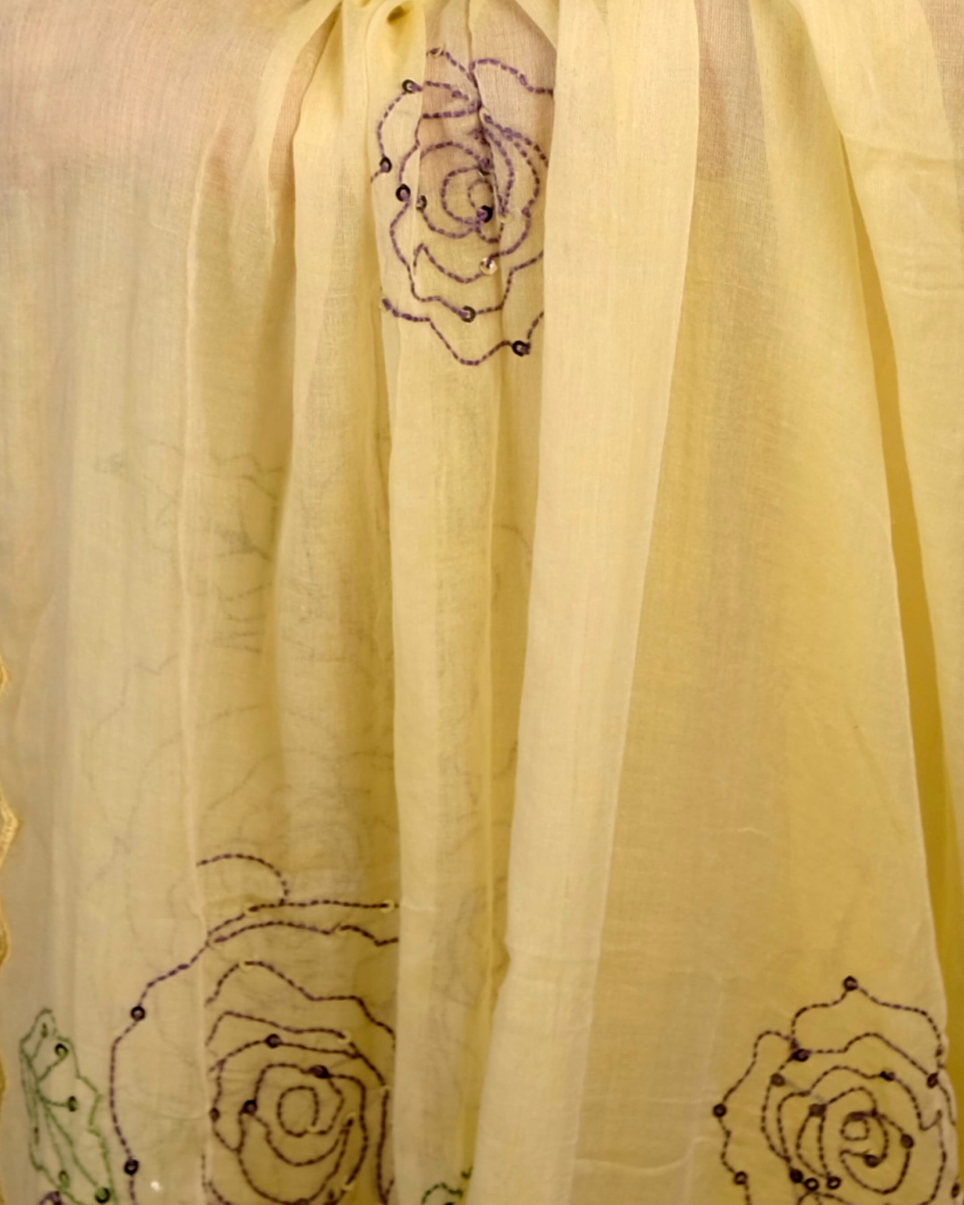 Soft and comfortable light weight yellow mulmul cotton saree with rose embroidery sequins embellished good for day time wear festive party wear