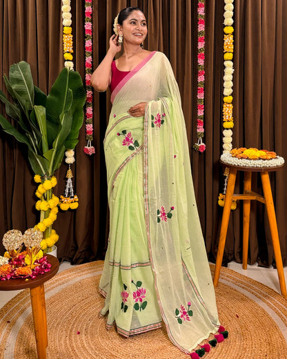 Soft and comfortable embroidered mulmul cotton saree in green for day festivities or casual outing