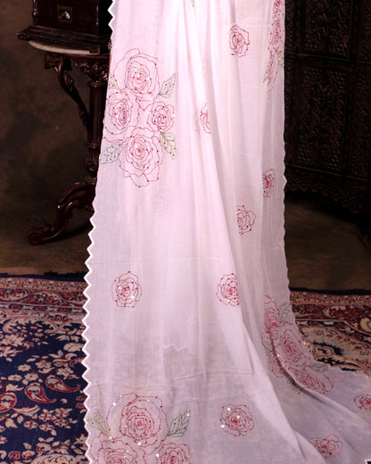 Soft and comfortable light weight white mulmul cotton saree with rose embroidery sequins embellished good for day time wear festive party wear