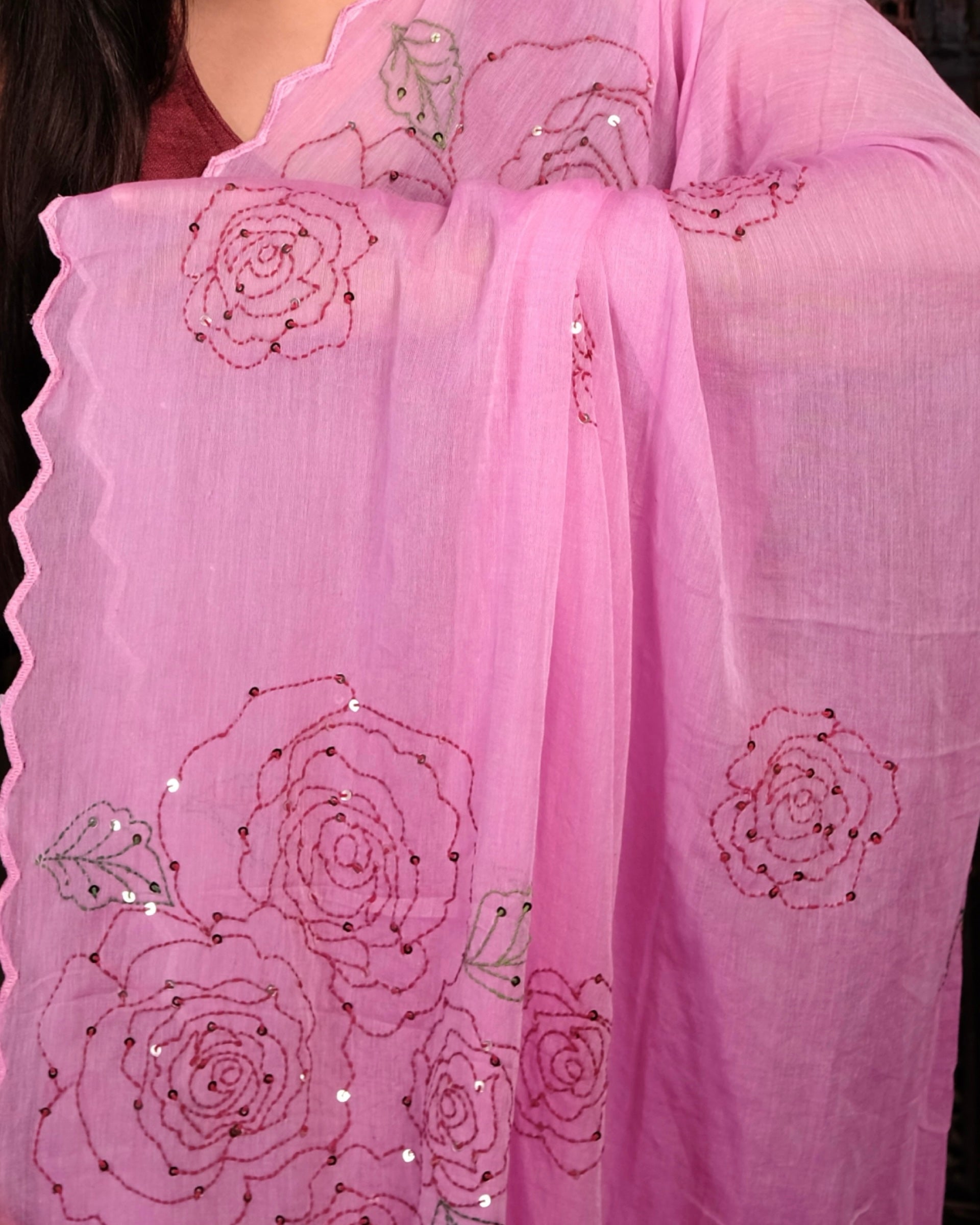 Soft and comfortable light weight pink mulmul cotton saree with rose embroidery sequins embellished good for day time wear festive party wear