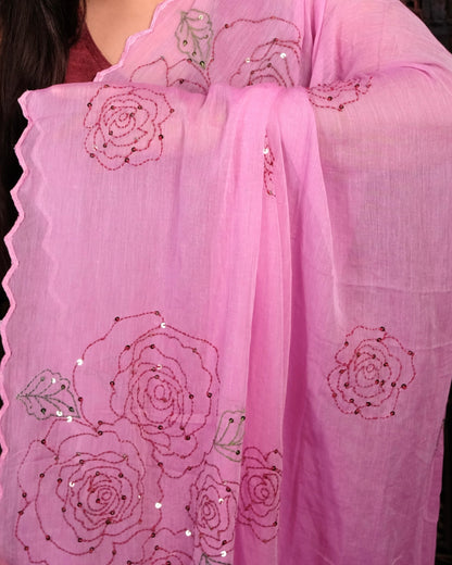 Soft and comfortable light weight pink mulmul cotton saree with rose embroidery sequins embellished good for day time wear festive party wear