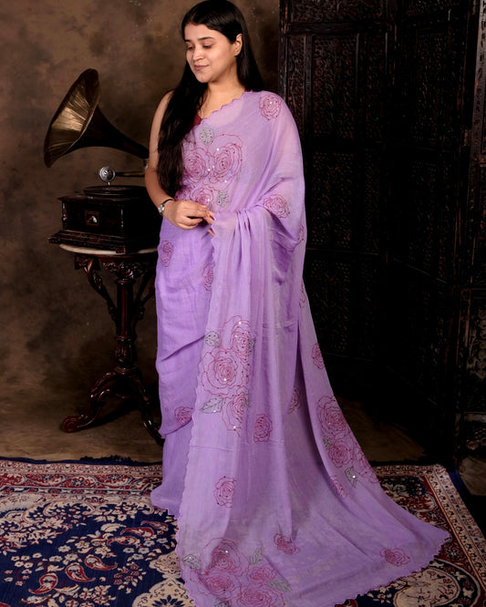 Soft and comfortable light weight violet mulmul cotton saree with rose embroidery sequins embellished good for day time wear festive party wear