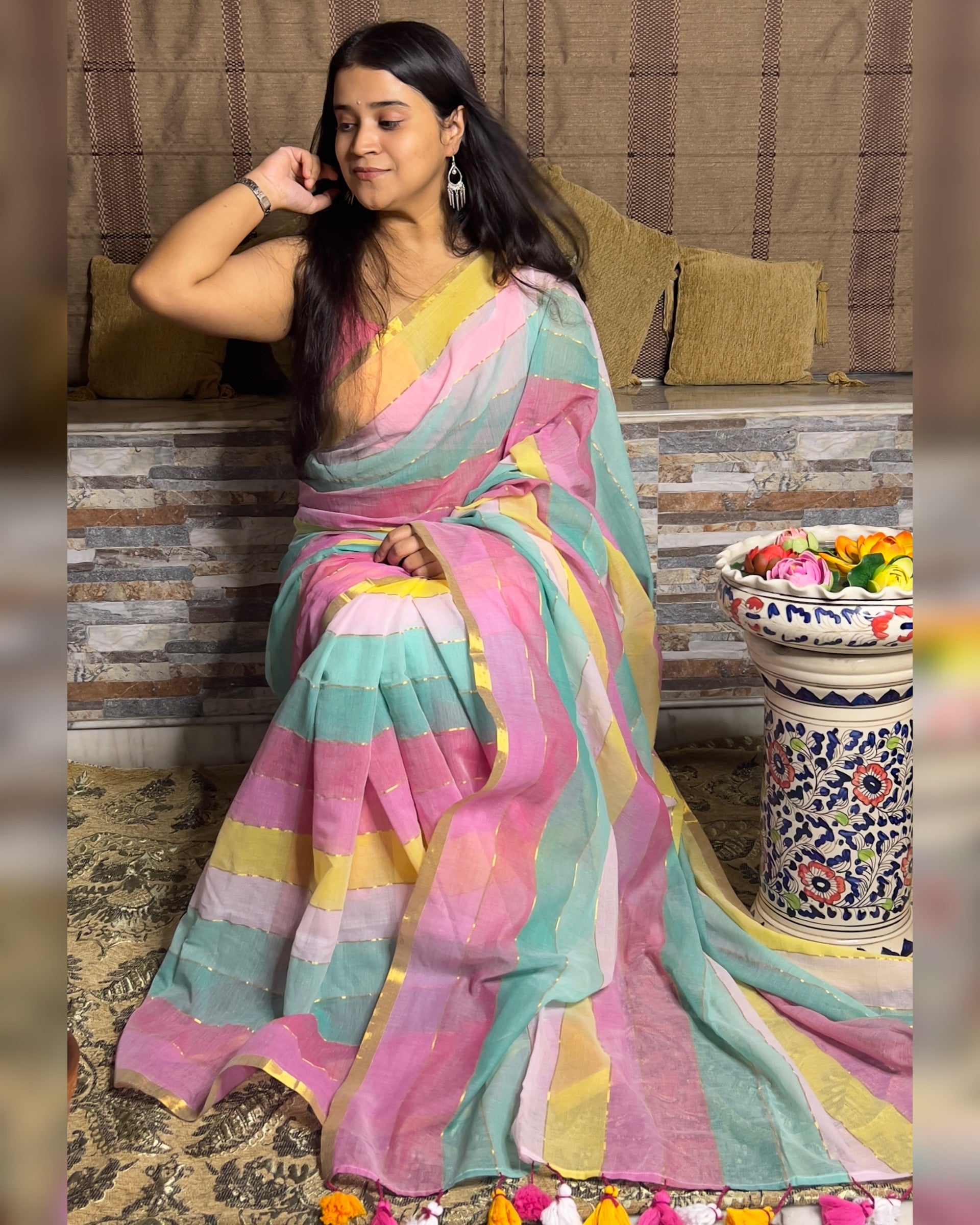 Multicolored striped soft and comfortable mulmul cotton saree for summer with golden zari detailing and paries