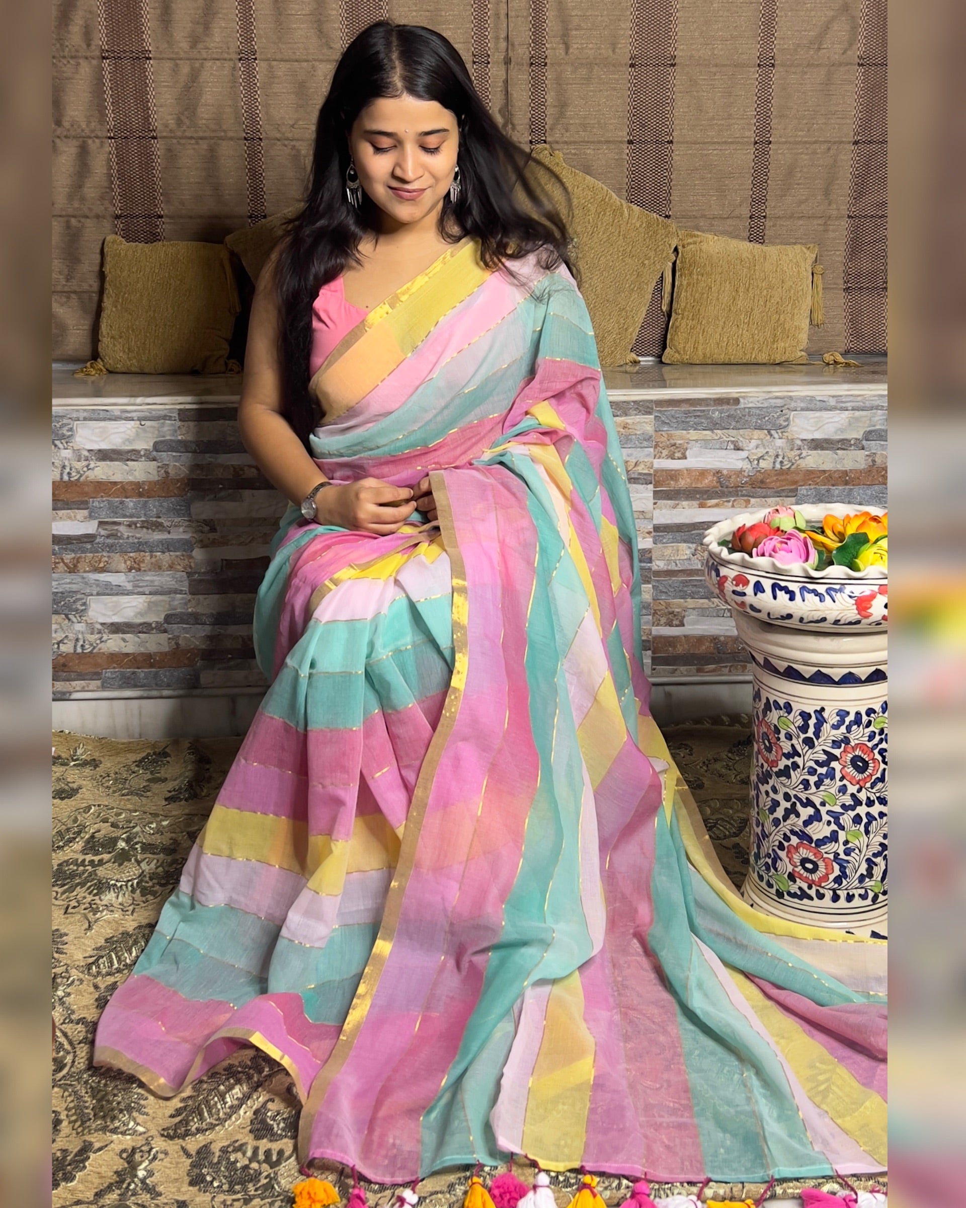 Multicolored striped soft and comfortable mulmul cotton saree for summer with golden zari detailing and paries