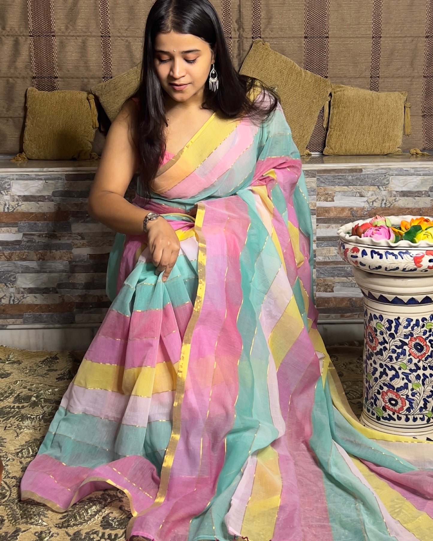 Multicolored striped soft and comfortable mulmul cotton saree for summer with golden zari detailing and paries