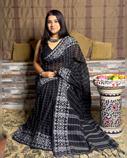 Black Khaadi sari with Jamdani white border and checks body for auspicious festivities and pujo- kalo sada