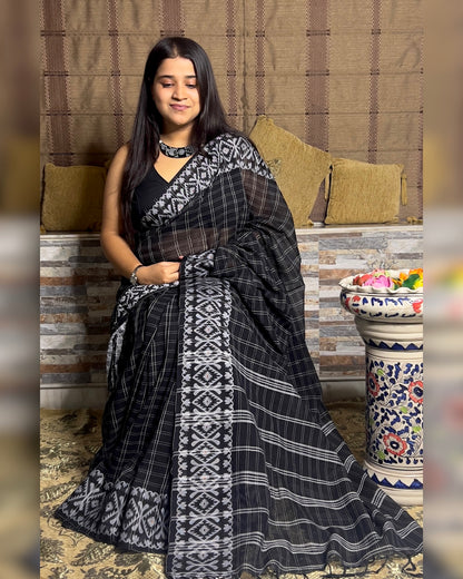 Black Khaadi sari with Jamdani white border and checks body for auspicious festivities and pujo- kalo sada