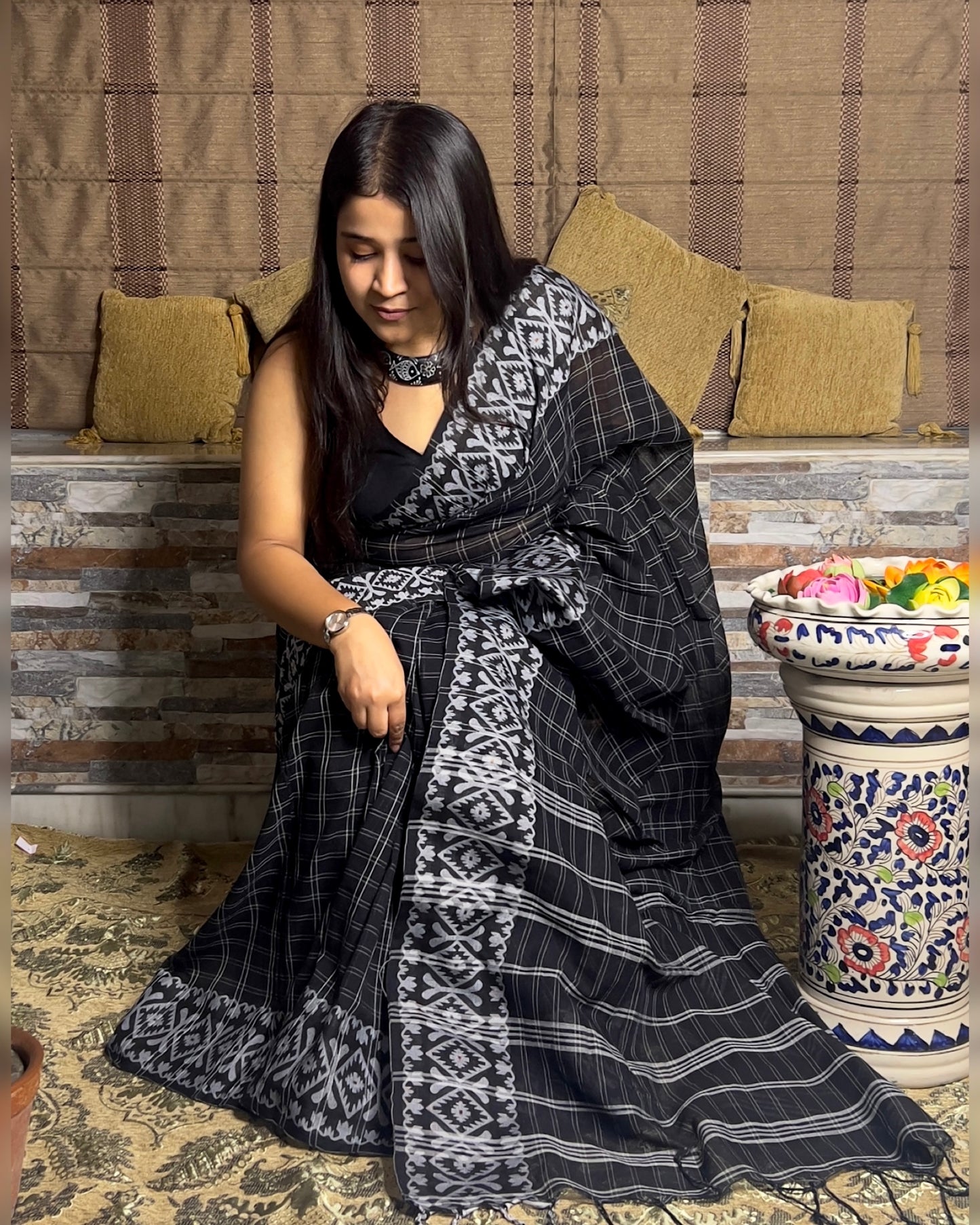 Black Khaadi sari with Jamdani white border and checks body for auspicious festivities and pujo- kalo sada