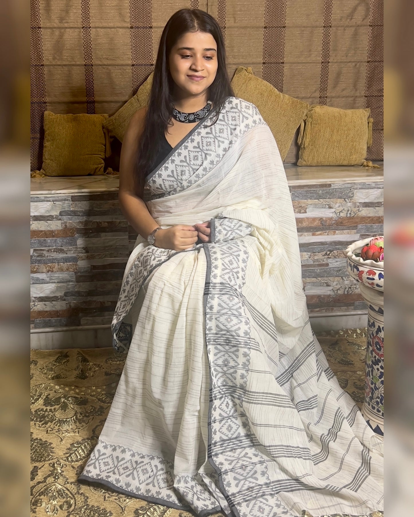 White Khaadi sari with Jamdani white border and checks body for auspicious festivities and pujo- kalo  sada