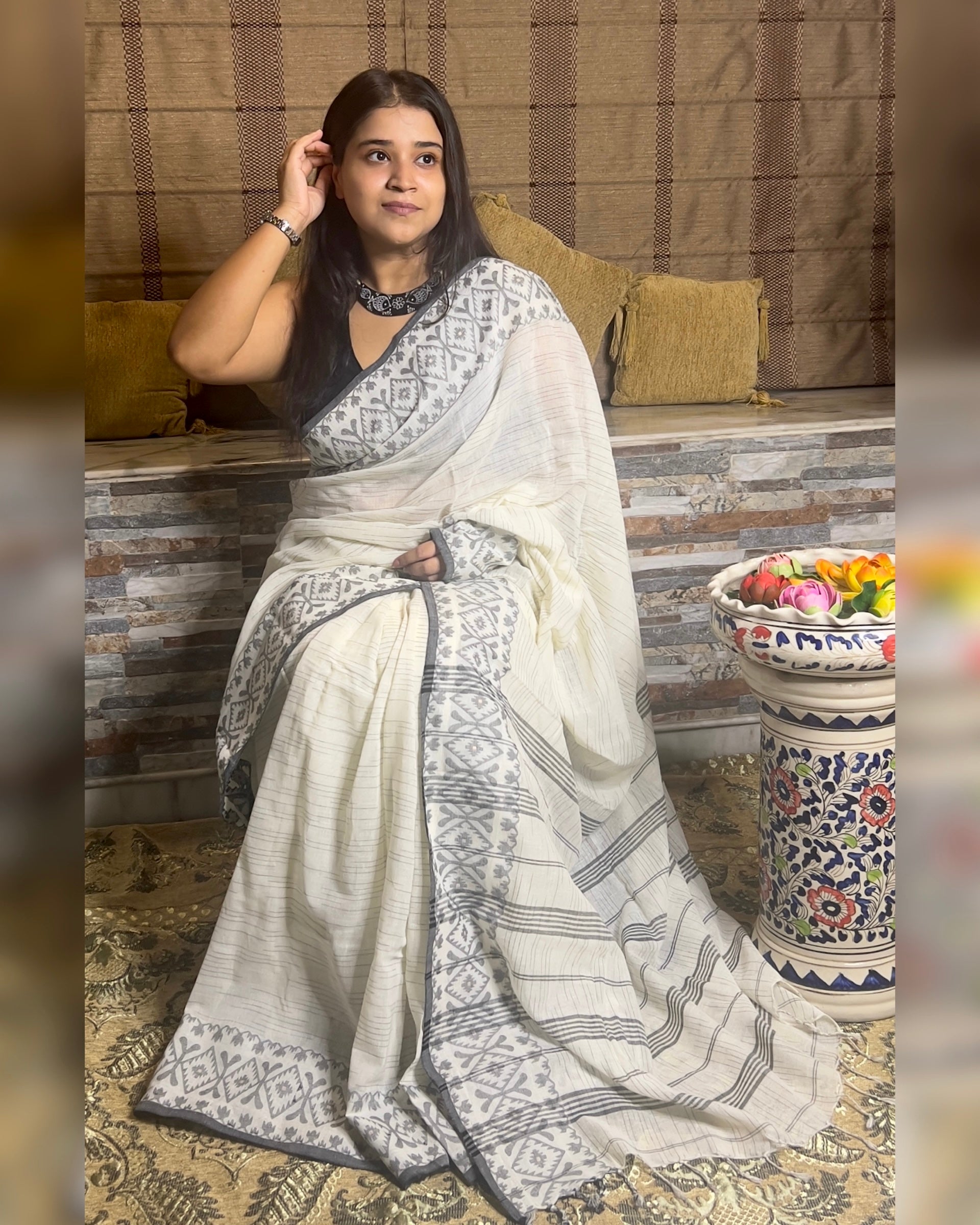 White Khaadi sari with Jamdani white border and checks body for auspicious festivities and pujo- kalo  sada