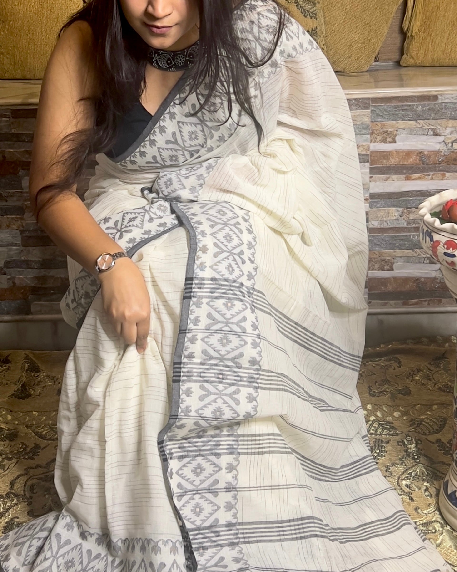 White Khaadi sari with Jamdani white border and checks body for auspicious festivities and pujo- kalo  sada