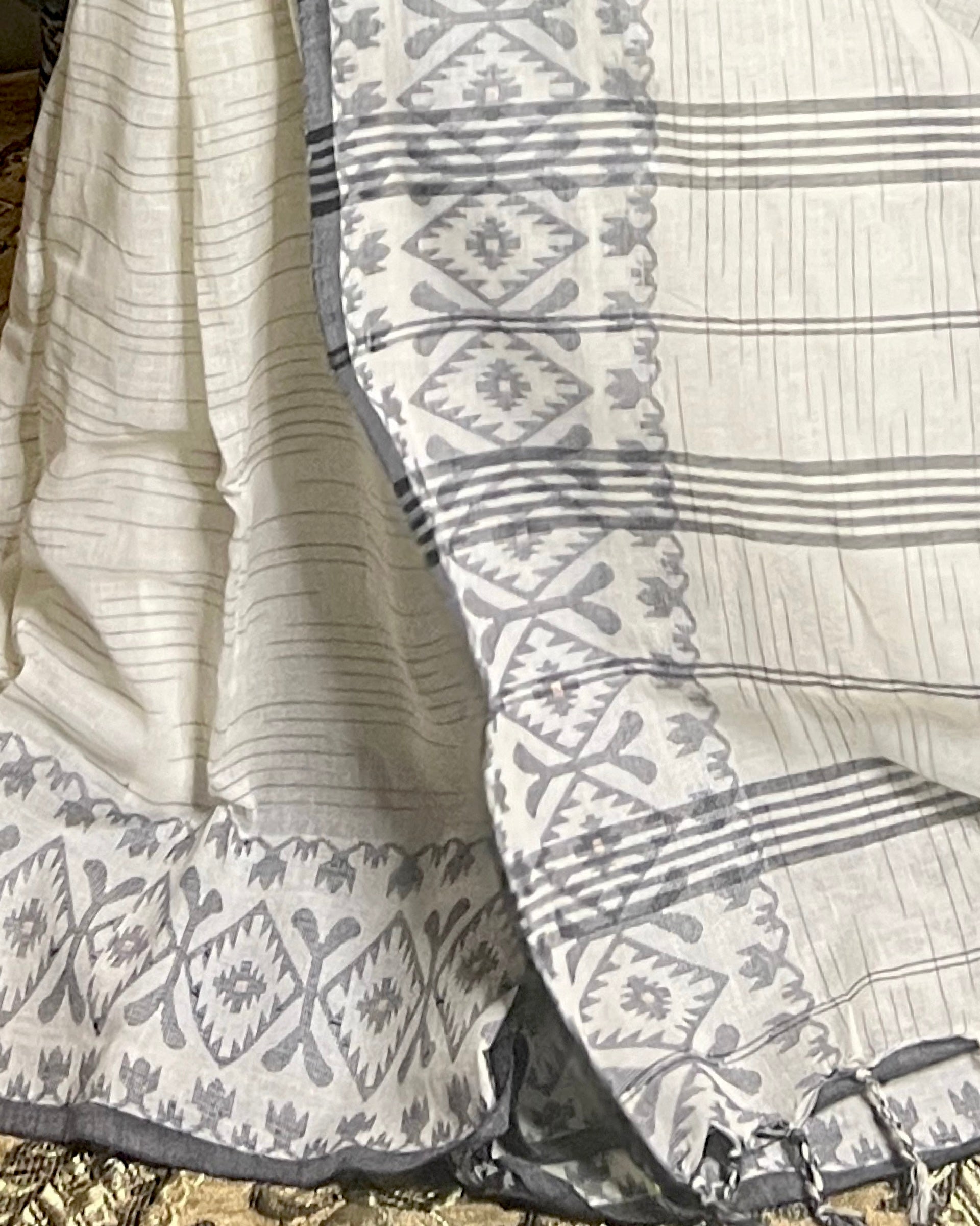 White Khaadi sari with Jamdani white border and checks body for auspicious festivities and pujo- kalo  sada