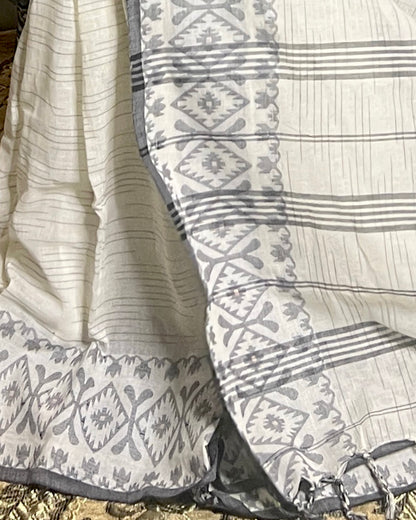 White Khaadi sari with Jamdani white border and checks body for auspicious festivities and pujo- kalo  sada