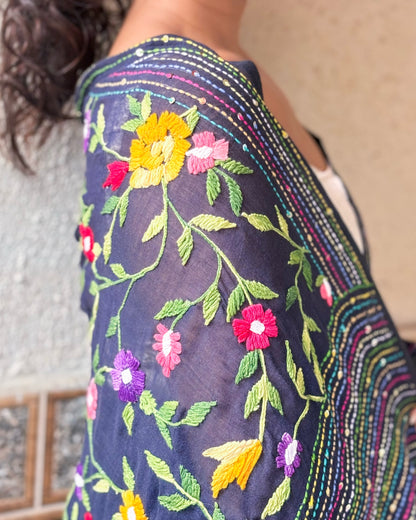 Soft and Comfortable navy mulmul cotton saree with thread work 