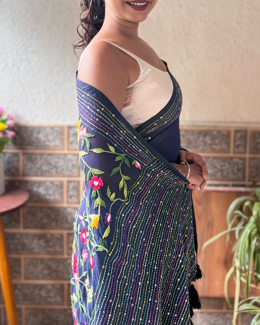 Navy blue embroidered mulmul cotton saree Blue Iris Enchant design