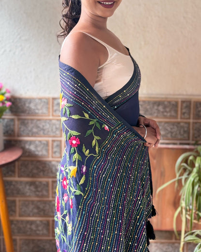 Soft and Comfortable navy mulmul cotton saree with thread work 